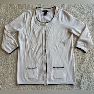 Lands End Womens Sweater Cardigan White Black Trim Round Neck 3/4 Sleeve Small